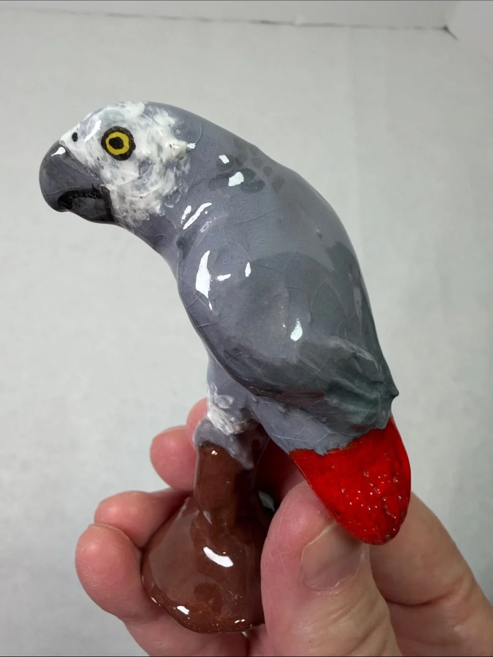 Artisan African Grey Parrot on Perch Signed Pottery Handmade Hand Painted 3.5”